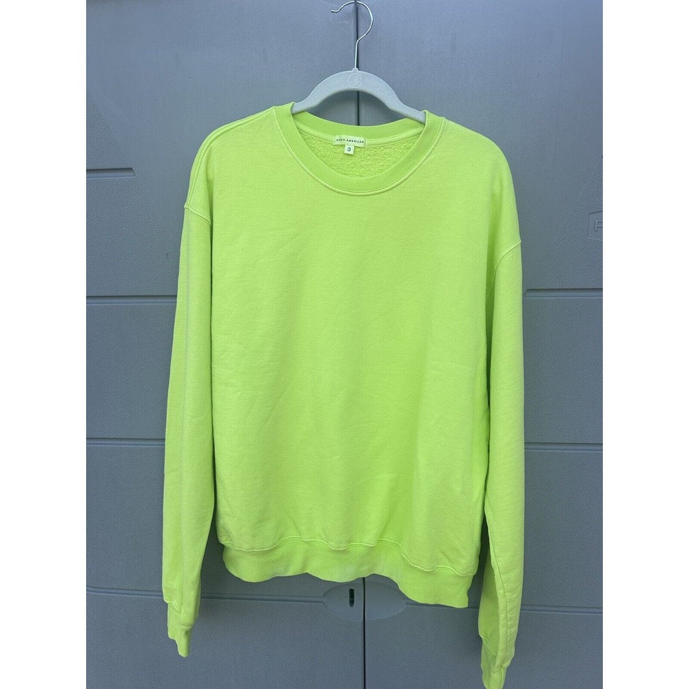 NWT Good American Neon Green French Terry Cotton crewneck sweatshirt Sz L
